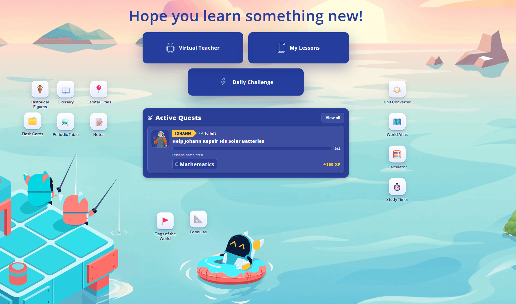Valearnis student dashboard, showing its customisable layout