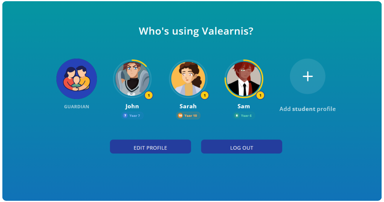 Family profile selection with guardian and student accounts