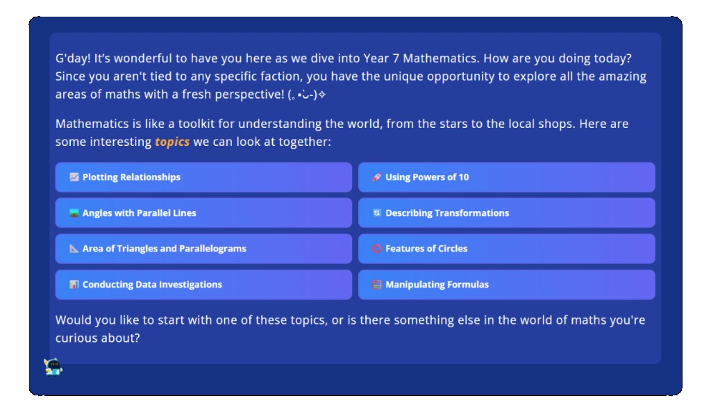 Valearnis AI tutor showing Year 7 Mathematics topic choices